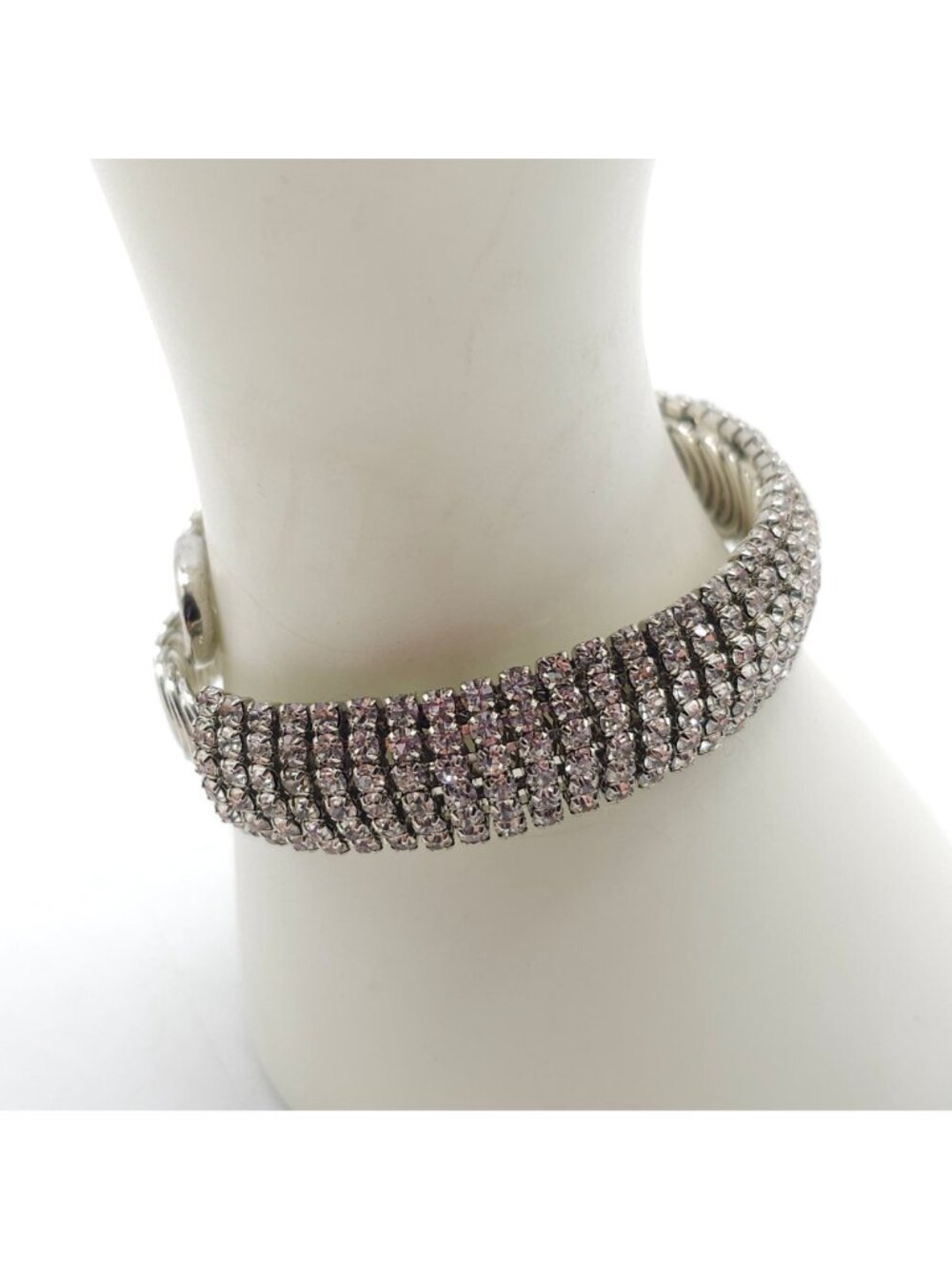Rhinestone Silver-Tone Coil Bracelet With Adjustable Sparkling Design Vintage - Picture 2 of 4
